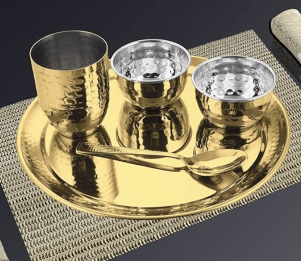 Shri & Sam High Grade Stainless Steel Diamond Hammered Gold Thali Set with PVD Coating