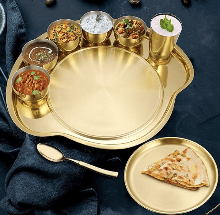 Shri & Sam Nifty High Grade Stainless Steel Thali Set with PVD Coating (Gold)