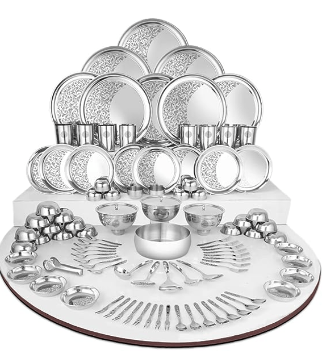 Shri & Sam Designer Stainless Steel Shagun Laser Bloom Dinner Set, 101 Pieces