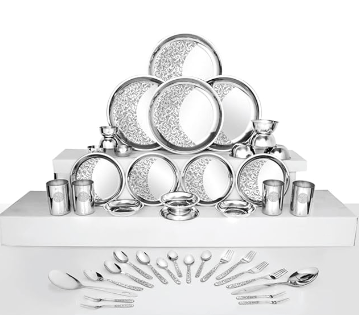 Shri & Sam Designer Stainless Steel Delight Laser Bloom Dinner Set, 42 Pieces