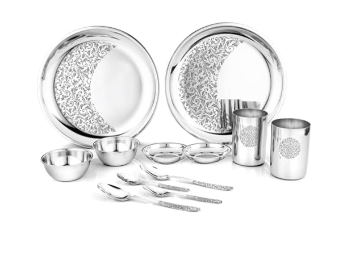 Shri & Sam Designer Stainless Steel Delight Laser Bloom Dinner Set, 12 Pieces
