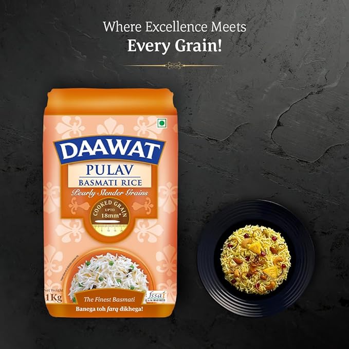 Daawat Pulav Basmati Rice | Pearly slender Grains| Cooked Grain Upto 18mm*| Long & Fluffy Pulav Rice