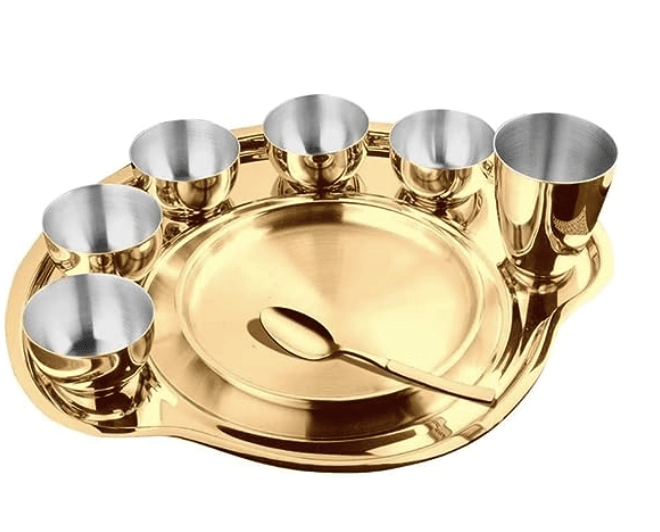 Shri & Sam Nifty High Grade Stainless Steel Thali Set with PVD Coating (Gold)