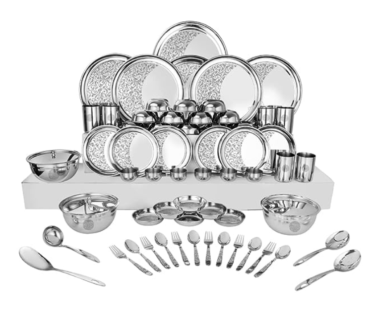 Shri & Sam Designer Stainless Steel Shagun Laser Bloom Dinner Set, 68 Pieces