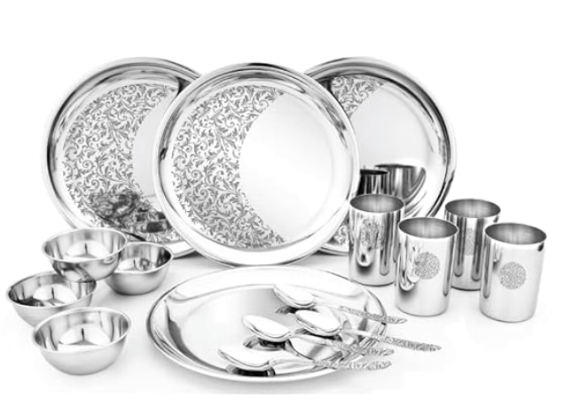 Shri & Sam Designer Stainless Steel Delight Laser Bloom Dinner Set, 16 Pieces