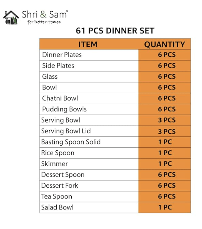 Shri & Sam Designer Stainless Steel Delight Laser Bloom Dinner Set, 61 Pieces