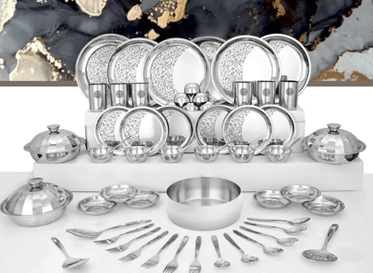 Shri & Sam Designer Stainless Steel Delight Laser Bloom Dinner Set, 61 Pieces