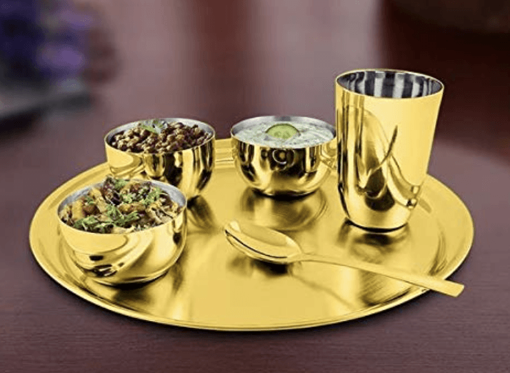 Shri & Sam High Grade Stainless Steel Thali Set Majestic (Gold)