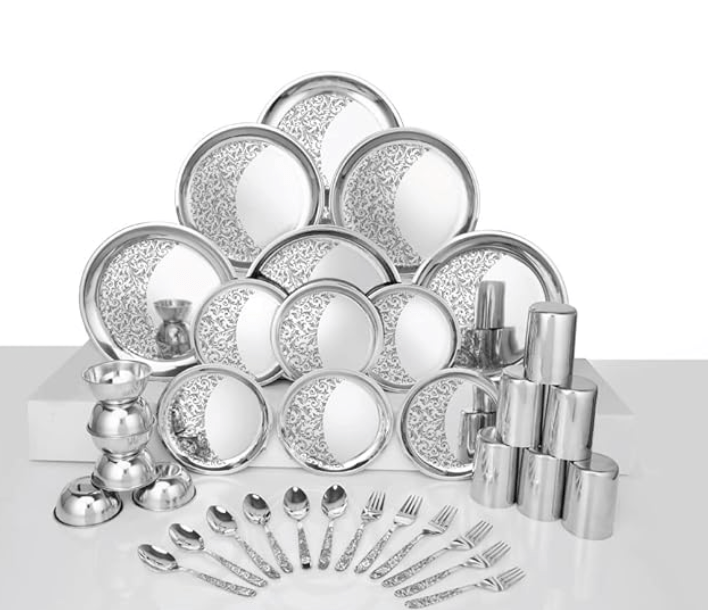 Shri & Sam Designer Stainless Steel Delight Laser Bloom Dinner Set, 36 Pieces