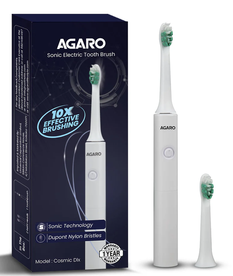 AGARO Cosmic Dlx Sonic AAA Battery Electric Toothbrush For Adults, Power Toothbrush, Soft Nylon Bristles, AAA Battery, White