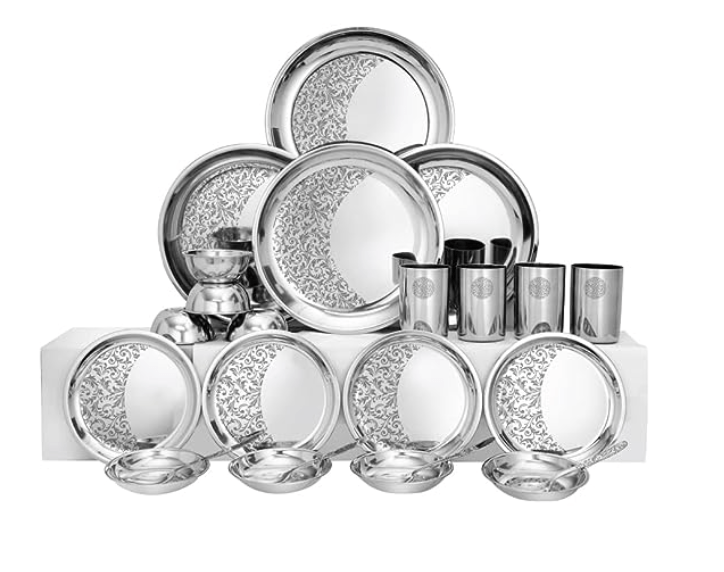 Shri & Sam Designer Stainless Steel Delight Laser Bloom Dinner Set, 24 Pieces