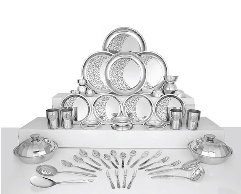 Shri & Sam Designer Stainless Steel Delight Laser Bloom Dinner Set, 50 Pieces